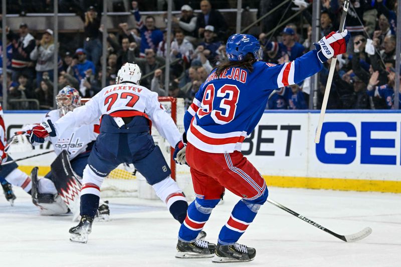 Apr 23, 2024; New York, New York, USA;  New York Rangers center Mika Zibanejad (93) celebrates his goal against the Washington Capitals during the first period in game two of the first round of the 2024 Stanley Cup Playoffs at Madison Square Garden. Mandatory Credit: Dennis Schneidler-USA TODAY Sports