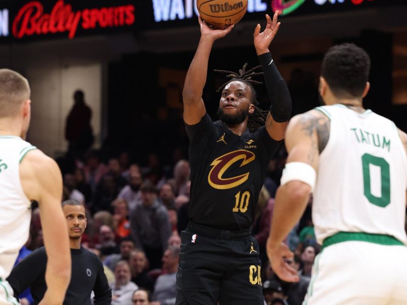 CLEVELAND, OH - MARCH 5: Darius Garland #10 of the Cleveland Cavaliers shoots the ball during the game against the Boston Celtics on March 5, 2024 at Rocket Mortgage FieldHouse in Cleveland, Ohio. NOTE TO USER: User expressly acknowledges and agrees that, by downloading and/or using this Photograph, user is consenting to the terms and conditions of the Getty Images License Agreement. Mandatory Copyright Notice: Copyright 2024 NBAE (Photo by Lauren Leigh Bacho<p><br/></p>/NBAE via Getty Images)