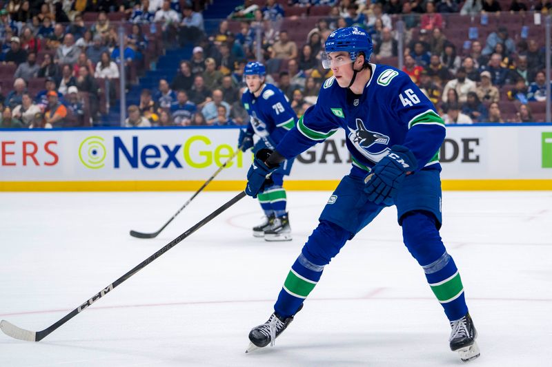 Sep 24, 2024; Vancouver, British Columbia, CAN; Vancouver Canucks forward Vilmer Alriksson (46) skates against the Seattle Kraken during the second period at Rogers Arena. Mandatory Credit: Bob Frid-Imagn Images