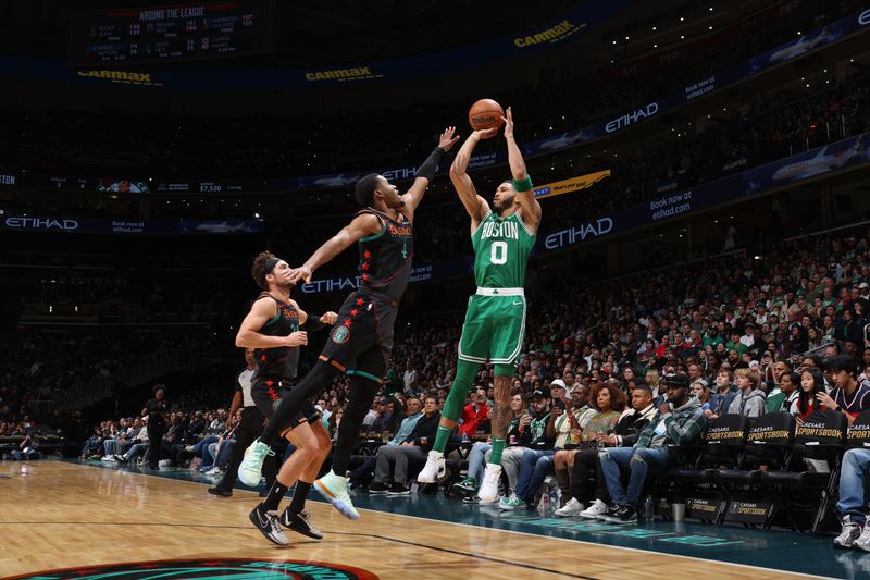 WASHINGTON, DC -? MARCH 17: Jayson Tatum #0 of the Boston Celtics shoots a three point basket against the Washington Wizards on March 17, 2024 at Capital One Arena in Washington, DC. NOTE TO USER: User expressly acknowledges and agrees that, by downloading and or using this Photograph, user is consenting to the terms and conditions of the Getty Images License Agreement. Mandatory Copyright Notice: Copyright 2024 NBAE (Photo by Stephen Gosling/NBAE via Getty Images)