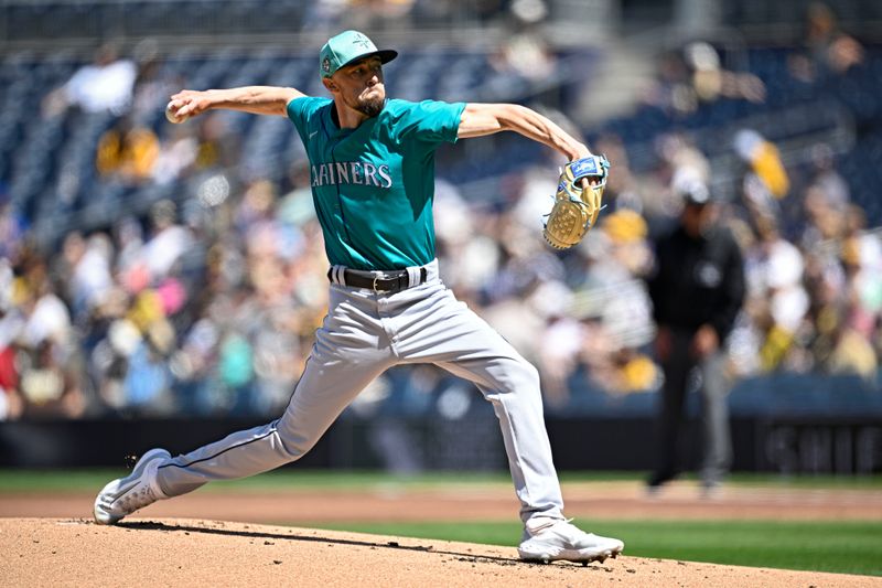 Mar 26, 2024; San Diego, California, USA; Seattle Mariners starting pitcher Casey Lawrence (96) throws a pitch against the San Diego Padres during the first inning at Petco Park. Mandatory Credit: Orlando Ramirez-USA TODAY Sports