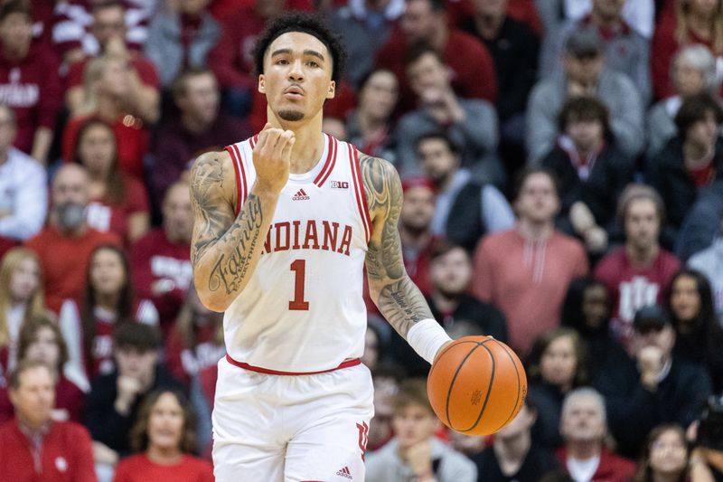 Jan 14, 2023; Bloomington, Indiana, USA; Indiana Hoosiers guard Jalen Hood-Schifino (1) dribbles the ball in the first half against the Wisconsin Badgers at Simon Skjodt Assembly Hall. Mandatory Credit: Trevor Ruszkowski-USA TODAY Sports