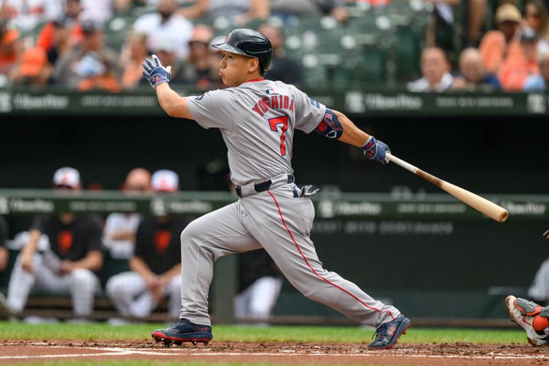 Aug 18, 2024; Baltimore, Maryland, USA; Boston Red Sox outfielder Masataka Yoshida (7) hits a single during the second inning against the Baltimore Orioles at Oriole Park at Camden Yards. Mandatory Credit: Reggie Hildred-USA TODAY Sports