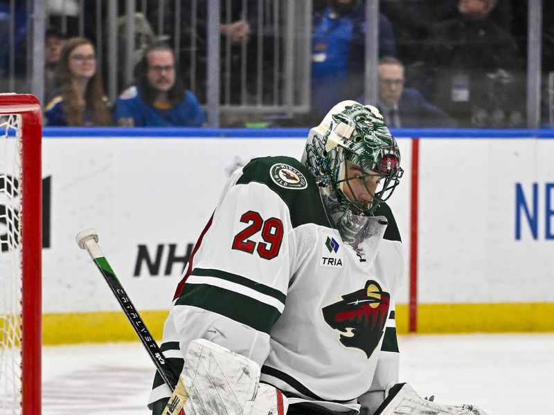 Mar 16, 2024; St. Louis, Missouri, USA;  Minnesota Wild goaltender Marc-Andre Fleury (29) makes a save against the St. Louis Blues during the second period at Enterprise Center. Mandatory Credit: Jeff Curry-USA TODAY Sports