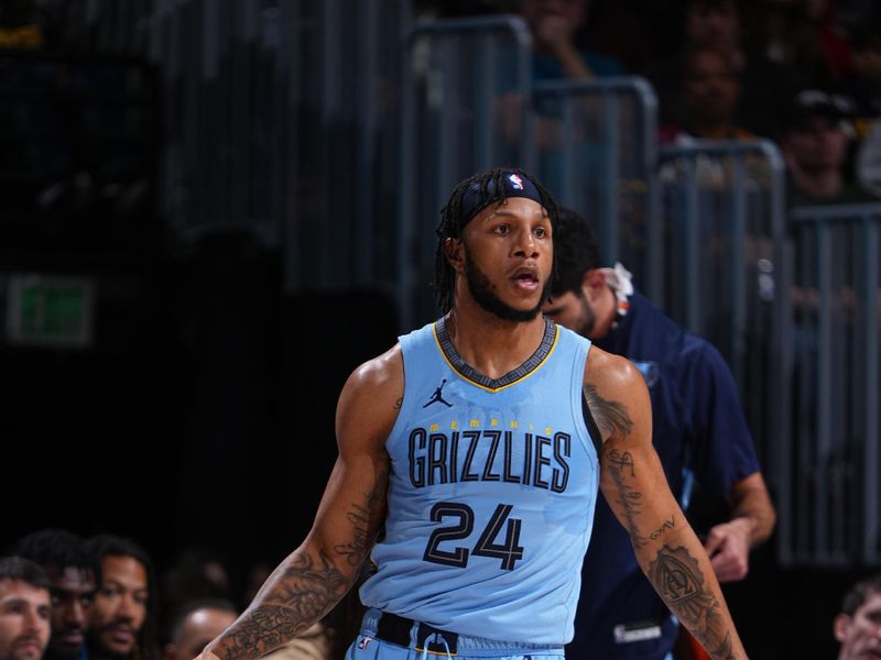 DENVER, CO - MARCH 25: Lamar Stevens #24 of the Memphis Grizzlies handles the ball during the game against the Denver Nuggets on March 25, 2024 at the Ball Arena in Denver, Colorado. NOTE TO USER: User expressly acknowledges and agrees that, by downloading and/or using this Photograph, user is consenting to the terms and conditions of the Getty Images License Agreement. Mandatory Copyright Notice: Copyright 2024 NBAE (Photo by Garrett Ellwood/NBAE via Getty Images)