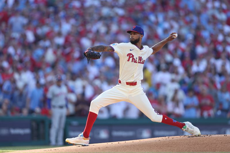 Oct 6, 2024; Philadelphia, Pennsylvania, USA; Philadelphia Phillies starting pitcher Cristopher Sánchez (61) pitches in the first inning against the New York Mets  during game two of the NLDS for the 2024 MLB Playoffs at Citizens Bank Park. Mandatory Credit: Bill Streicher-Imagn Images