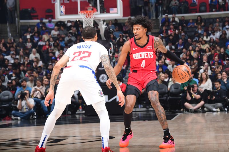 LOS ANGELES, CA - APIRL 14: Jalen Green #4 of the Houston Rockets dribbles the ball during the game against the LA Clippers on April 14, 2024 at Crypto.Com Arena in Los Angeles, California. NOTE TO USER: User expressly acknowledges and agrees that, by downloading and/or using this Photograph, user is consenting to the terms and conditions of the Getty Images License Agreement. Mandatory Copyright Notice: Copyright 2024 NBAE (Photo by Adam Pantozzi/NBAE via Getty Images)