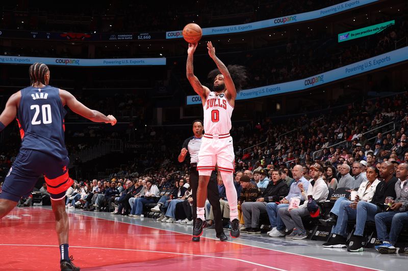 WASHINGTON, DC -? NOVEMBER 26: Coby White #0 of the Chicago Bulls shoots the ball during the game against the Washington Wizards during the Emirates NBA Cup game on November 26, 2024 at Capital One Arena in Washington, DC. NOTE TO USER: User expressly acknowledges and agrees that, by downloading and or using this Photograph, user is consenting to the terms and conditions of the Getty Images License Agreement. Mandatory Copyright Notice: Copyright 2024 NBAE (Photo by Stephen Gosling/NBAE via Getty Images)