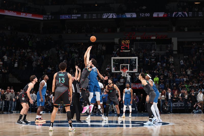 MINNEAPOLIS, MN -  APRIL 9: Deni Avdija #8 of the Washington Wizards goes for the tipoff against Rudy Gobert #27 of the Minnesota Timberwolves on April 9, 2024 at Target Center in Minneapolis, Minnesota. NOTE TO USER: User expressly acknowledges and agrees that, by downloading and or using this Photograph, user is consenting to the terms and conditions of the Getty Images License Agreement. Mandatory Copyright Notice: Copyright 2024 NBAE (Photo by David Sherman/NBAE via Getty Images)