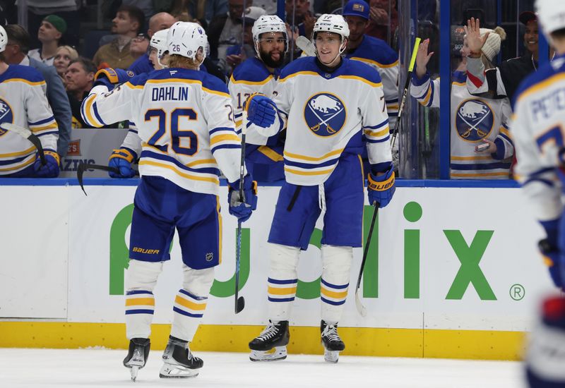 Mar 6, 2025; Tampa, Florida, USA; Buffalo Sabres center Tage Thompson (72) is congratulated by defenseman Rasmus Dahlin (26) after he scored a goal against the Tampa Bay Lightning during the second period at Amalie Arena. Mandatory Credit: Kim Klement Neitzel-Imagn Images