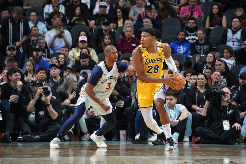 SAN ANTONIO, TX - NOVEMBER 27: Rui Hachimura #28 of the Los Angeles Lakers looks to pass the ball during the game against the San Antonio Spurs on November 27, 2024 at the Frost Bank Center in San Antonio, Texas. NOTE TO USER: User expressly acknowledges and agrees that, by downloading and or using this photograph, user is consenting to the terms and conditions of the Getty Images License Agreement. Mandatory Copyright Notice: Copyright 2024 NBAE (Photos by Michael Gonzales/NBAE via Getty Images)