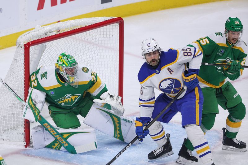 Nov 29, 2025; Saint Paul, Minnesota, USA; Minnesota Wild goaltender Filip Gustavsson (32) defends his net against the Buffalo Sabres during the first period at Grand Casino Arena. Mandatory Credit: Matt Krohn-Imagn Images