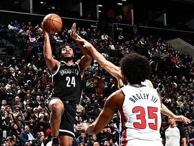 BROOKLYN, NY - DECEMBER 23: Cam Thomas #24 of the Brooklyn Nets drives to the basket during the game against the Detroit Pistons on December 23, 2023 at Barclays Center in Brooklyn, New York. NOTE TO USER: User expressly acknowledges and agrees that, by downloading and or using this Photograph, user is consenting to the terms and conditions of the Getty Images License Agreement. Mandatory Copyright Notice: Copyright 2023 NBAE (Photo by David Dow/NBAE via Getty Images)