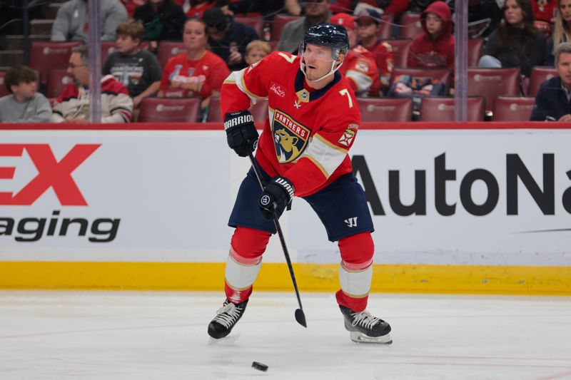 Nov 25, 2024; Sunrise, Florida, USA; Florida Panthers defenseman Dmitry Kulikov (7) moves the puck against the Washington Capitals during the first period at Amerant Bank Arena. Mandatory Credit: Sam Navarro-Imagn Images