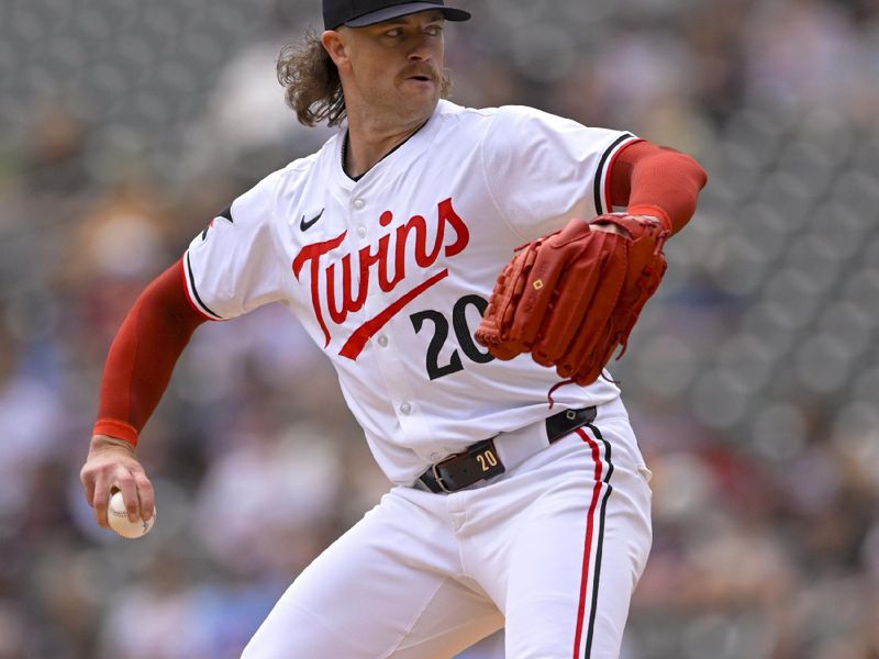 May 25, 2024; Minneapolis, Minnesota, USA;  Minnesota Twins pitcher Chris Paddack (20) delivers a pitch against the Texas Rangers during the first inning at Target Field. Mandatory Credit: Nick Wosika-USA TODAY Sports