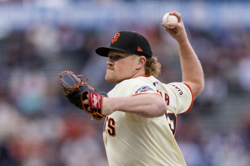 May 15, 2024; San Francisco, California, USA; San Francisco Giants starting pitcher Logan Webb (62) throws against the Los Angeles Dodgers during the first inning at Oracle Park. Mandatory Credit: John Hefti-USA TODAY Sports