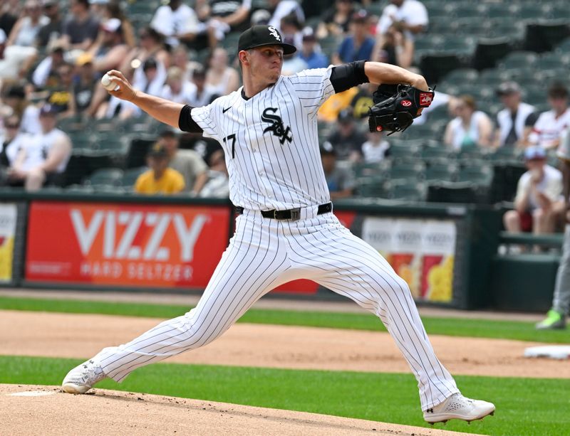 Jul 13, 2024; Chicago, Illinois, USA;  Chicago White Sox pitcher Chris Flexen (77) delivers during the first inning against the Pittsburgh Pirates at Guaranteed Rate Field. Mandatory Credit: Matt Marton-USA TODAY Sports
