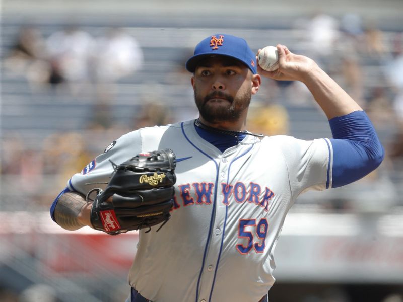 Jul 7, 2024; Pittsburgh, Pennsylvania, USA;  New York Mets starting pitcher Sean Manaea (59) delivers a pitch against the Pittsburgh Pirates during the first inning at PNC Park. Mandatory Credit: Charles LeClaire-USA TODAY Sports