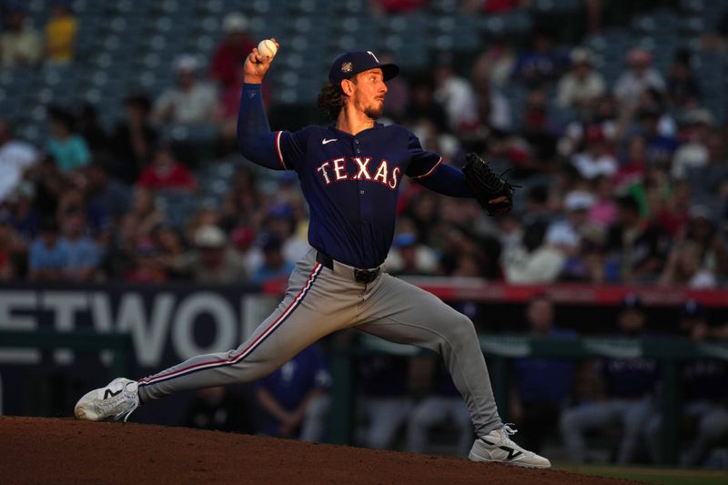 Jul 10, 2024; Anaheim, California, USA; Texas Rangers starting pitcher Michael Lorenzen (23) throws in the third inning against the Los Angeles Angels at Angel Stadium. Mandatory Credit: Kirby Lee-USA TODAY Sports