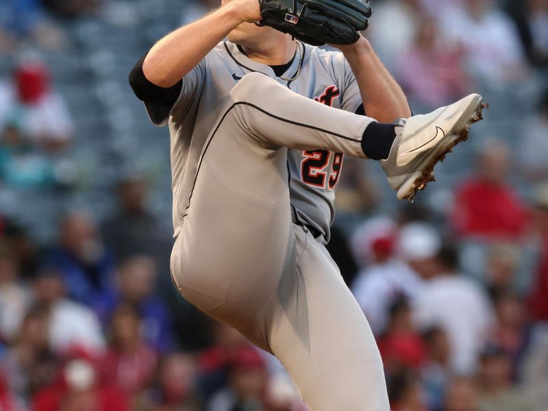 May 2, 2025; Anaheim, California, USA; Detroit Tigers pitcher Tarik Skubal (29) throws during the 3rd inning against the Los Angeles Angels at Angel Stadium. Mandatory Credit: Jason Parkhurst-Imagn Images