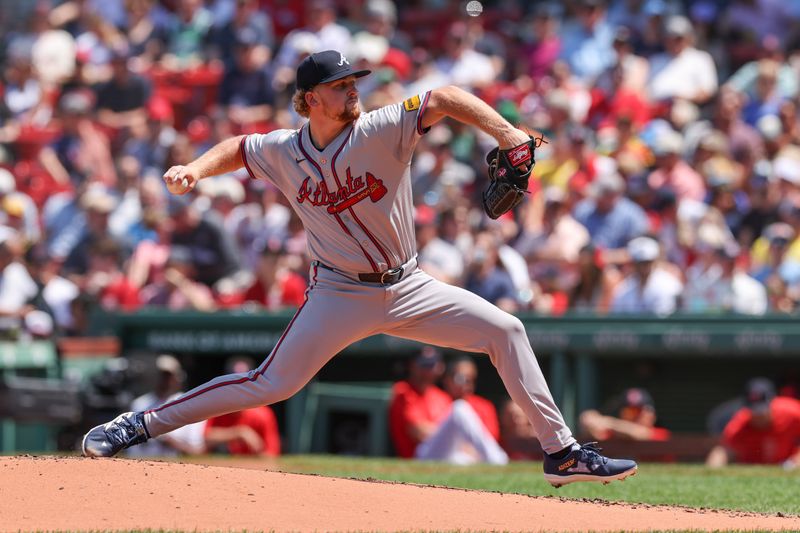 Jun 5, 2024; Boston, Massachusetts, USA; Atlanta Braves starting pitcher Spencer Schwellenbach (56) throws a pitch during the second inning against the Boston Red Sox at Fenway Park. Mandatory Credit: Paul Rutherford-USA TODAY Sports