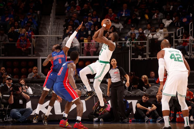 DETROIT, MI - OCTOBER 26: Jaylen Brown #7 of the Boston Celtics shoots the ball during the game against the Detroit Pistons during a regular season game on October 26, 2024 at Little Caesars Arena in Detroit, Michigan. NOTE TO USER: User expressly acknowledges and agrees that, by downloading and/or using this photograph, User is consenting to the terms and conditions of the Getty Images License Agreement. Mandatory Copyright Notice: Copyright 2024 NBAE (Photo by Brian Sevald/NBAE via Getty Images)