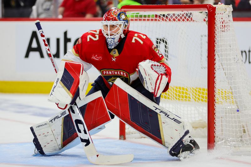 Apr 21, 2024; Sunrise, Florida, USA; Florida Panthers goaltender Sergei Bobrovsky (72) defends his net against the Tampa Bay Lightning during the second period in game one of the first round of the 2024 Stanley Cup Playoffs at Amerant Bank Arena. Mandatory Credit: Sam Navarro-USA TODAY Sports