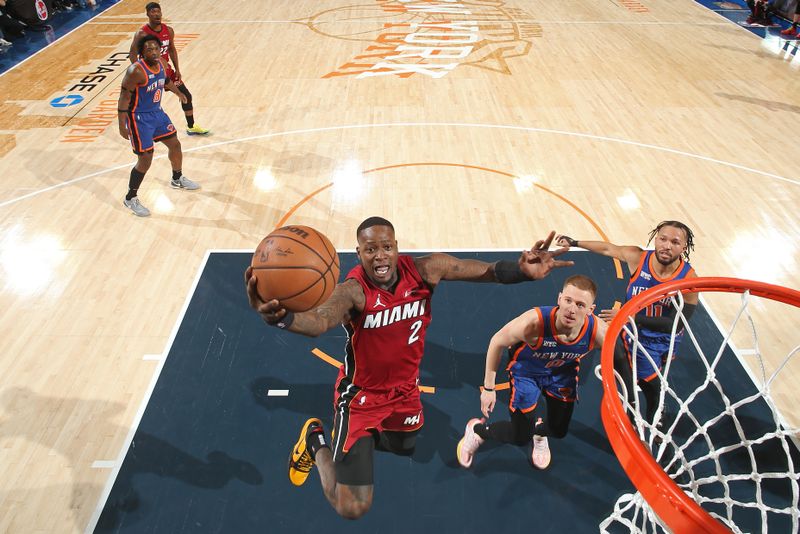 NEW YORK, NY - JANUARY 27: Terry Rozier #2 of the Miami Heat drives to the basket during the game against the New York Knicks on January 27, 2024 at Madison Square Garden in New York City, New York.  NOTE TO USER: User expressly acknowledges and agrees that, by downloading and or using this photograph, User is consenting to the terms and conditions of the Getty Images License Agreement. Mandatory Copyright Notice: Copyright 2024 NBAE  (Photo by Nathaniel S. Butler/NBAE via Getty Images)