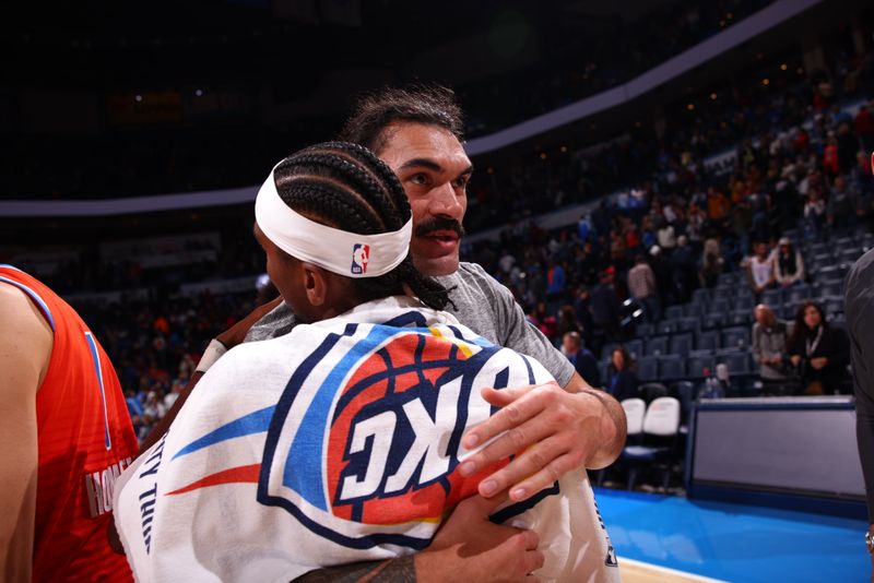 OKLAHOMA CITY, OK - NOVEMBER 8: Steven Adams #12 of the Houston Rockets hugs Shai Gilgeous-Alexander #2 of the Oklahoma City Thunder on November 8, 2024 at Paycom Center in Oklahoma City, Oklahoma. NOTE TO USER: User expressly acknowledges and agrees that, by downloading and or using this photograph, User is consenting to the terms and conditions of the Getty Images License Agreement. Mandatory Copyright Notice: Copyright 2024 NBAE (Photo by Zach Beeker/NBAE via Getty Images)