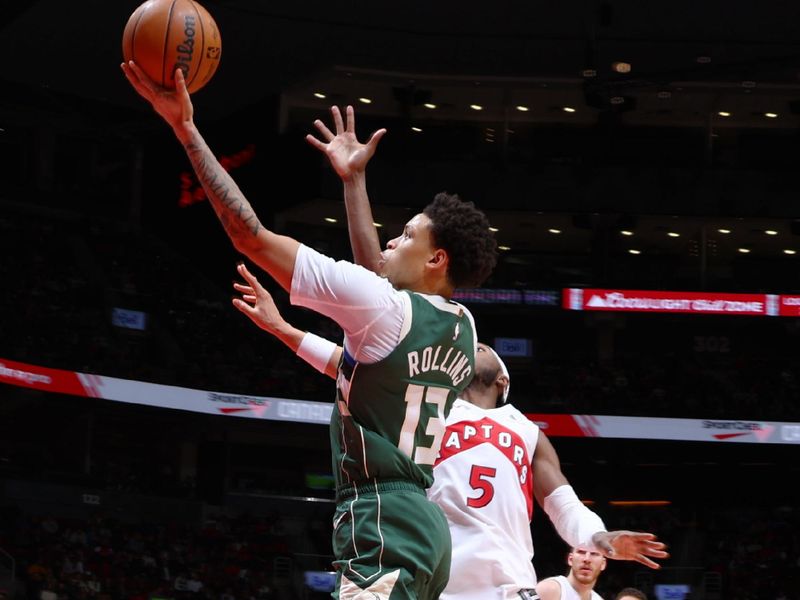 TORONTO, CANADA - JANUARY 6: Ryan Rollins #13 of the Milwaukee Bucks drives to the basket during the game against the Toronto Raptors on January 6, 2025 at the Scotiabank Arena in Toronto, Ontario, Canada.  NOTE TO USER: User expressly acknowledges and agrees that, by downloading and or using this Photograph, user is consenting to the terms and conditions of the Getty Images License Agreement.  Mandatory Copyright Notice: Copyright 2025 NBAE (Photo by Vaughn Ridley/NBAE via Getty Images)