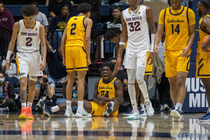 Feb 11, 2023; Berkeley, California, USA; California Golden Bears forward Sam Alajiki (24) reacts after a called foul against Arizona State Sun Devils guard Austin Nunez (2) during the second half at Haas Pavilion. Mandatory Credit: Neville E. Guard-USA TODAY Sports