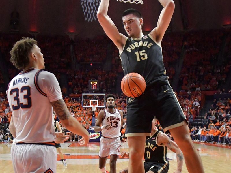 Mar 5, 2024; Champaign, Illinois, USA; Purdue Boilermakers center Zach Edey (15) dunks the ball in front of Illinois Fighting Illini forward Coleman Hawkins (33) during the first half at State Farm Center. Mandatory Credit: Ron Johnson-USA TODAY Sports