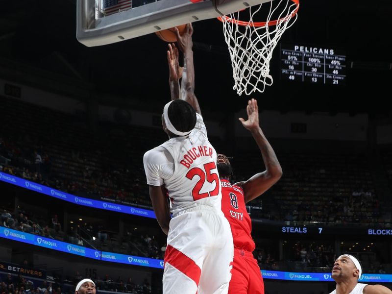 NEW ORLEANS, LA - FEBRUARY 5: Chris Boucher #25 of the Toronto Raptors blocks the shot by Naji Marshall #8 of the New Orleans Pelicans during the game on February 5, 2024 at the Smoothie King Center in New Orleans, Louisiana. NOTE TO USER: User expressly acknowledges and agrees that, by downloading and or using this Photograph, user is consenting to the terms and conditions of the Getty Images License Agreement. Mandatory Copyright Notice: Copyright 2024 NBAE (Photo by Layne Murdoch Jr./NBAE via Getty Images)