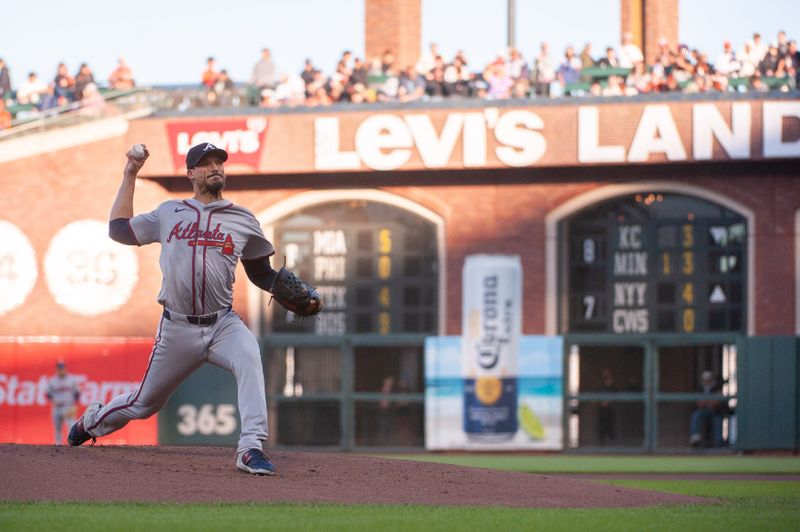 Aug 13, 2024; San Francisco, California, USA;  Atlanta Braves pitcher Charlie Morton (50) throws a pitch against the San Francisco Giants during the first inning at Oracle Park. Mandatory Credit: Ed Szczepanski-USA TODAY Sports