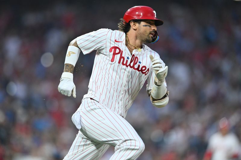 Aug 17, 2024; Philadelphia, Pennsylvania, USA; Philadelphia Phillies outfielder Nick Castellanos (8) runs toward first base after hitting an RBI double against the Washington Nationals in the fourth inning at Citizens Bank Park. Mandatory Credit: Kyle Ross-USA TODAY Sports