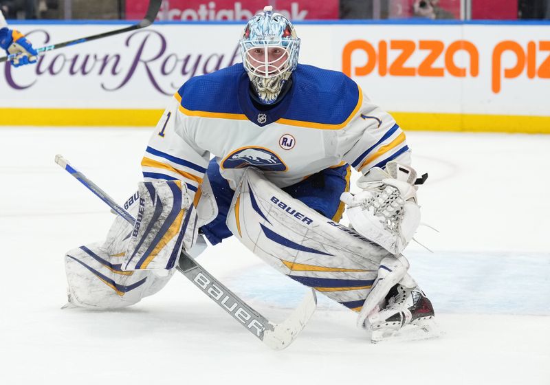 Mar 6, 2024; Toronto, Ontario, CAN; Buffalo Sabres goaltender Ukko-Pekka Luukkonen (1) follows the play against the Toronto Maple Leafs during the third period at Scotiabank Arena. Mandatory Credit: Nick Turchiaro-USA TODAY Sports