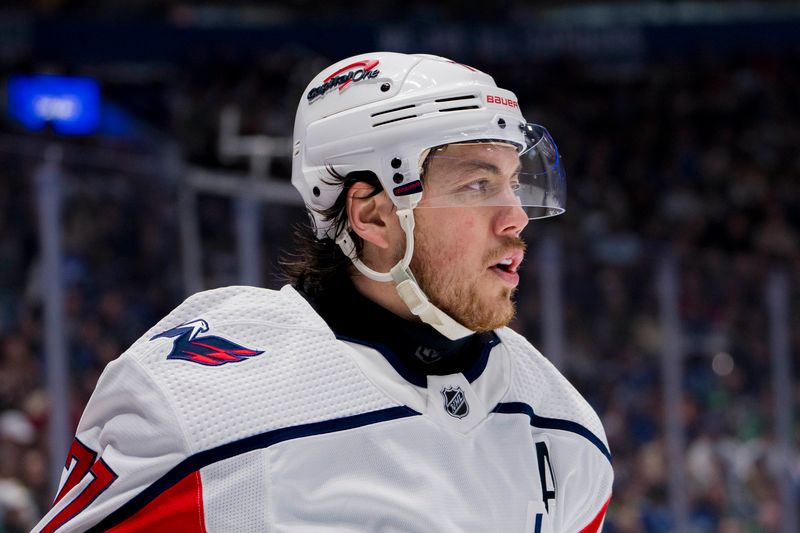 Mar 16, 2024; Vancouver, British Columbia, CAN; Washington Capitals forward TJ Oshie (77) during a stop in play against the Vancouver Canucks in the second period at Rogers Arena. Mandatory Credit: Bob Frid-USA TODAY Sports