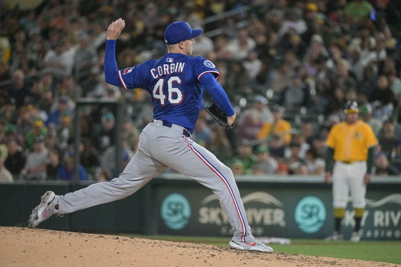 Apr 22, 2025; West Sacramento, California, USA; Texas Rangers pitcher Patrick Corbin (46) throws a pitch against the Athletics during the fifth inning at Sutter Health Park. Mandatory Credit: Ed Szczepanski-Imagn Images