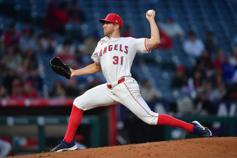 May 6, 2025; Anaheim, California, USA; Los Angeles Angels pitcher Tyler Anderson (31) throws against the Toronto Blue Jays during the fourth inning at Angel Stadium. Mandatory Credit: Gary A. Vasquez-Imagn Images