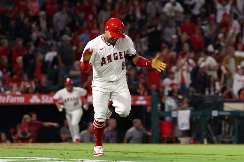 Sep 28, 2024; Anaheim, California, USA;  Los Angeles Angels right fielder Gustavo Campero (51) reacts after hitting a home run during the third inning against the Texas Rangers at Angel Stadium. Mandatory Credit: Kiyoshi Mio-Imagn Images