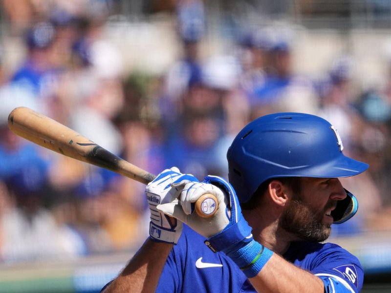 Mar 9, 2024; Phoenix, Arizona, USA; Los Angeles Dodgers outfielder Chris Taylor (3) bats against the Texas Rangers during the third inning at Camelback Ranch-Glendale. Mandatory Credit: Joe Camporeale-USA TODAY Sports