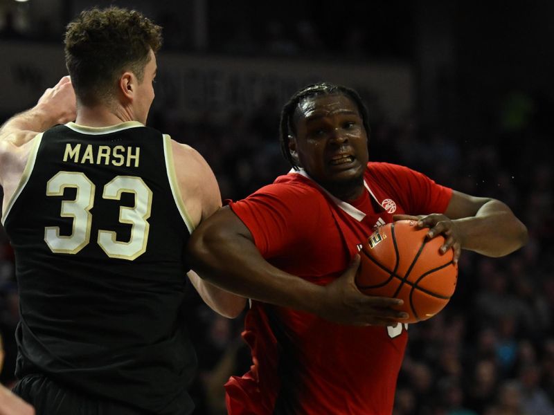 Jan 28, 2023; Winston-Salem, North Carolina, USA;   North Carolina State Wolfpack forward D.J. Burns Jr. (30) moves around Wake Forest Demon Deacons forward Matthew Marsh (33) during the second half at Lawrence Joel Veterans Memorial Coliseum. Mandatory Credit: William Howard-USA TODAY Sports