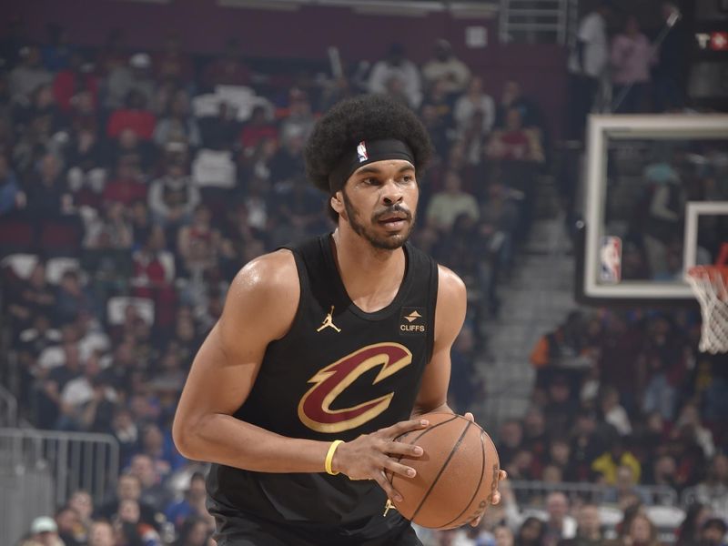 CLEVELAND, OH - MARCH 3:  Jarrett Allen #31 of the Cleveland Cavaliers handles the ball during the game  on March 3, 2024 at Rocket Mortgage FieldHouse in Cleveland, Ohio. NOTE TO USER: User expressly acknowledges and agrees that, by downloading and/or using this Photograph, user is consenting to the terms and conditions of the Getty Images License Agreement. Mandatory Copyright Notice: Copyright 2024 NBAE (Photo by David Liam Kyle/NBAE via Getty Images)