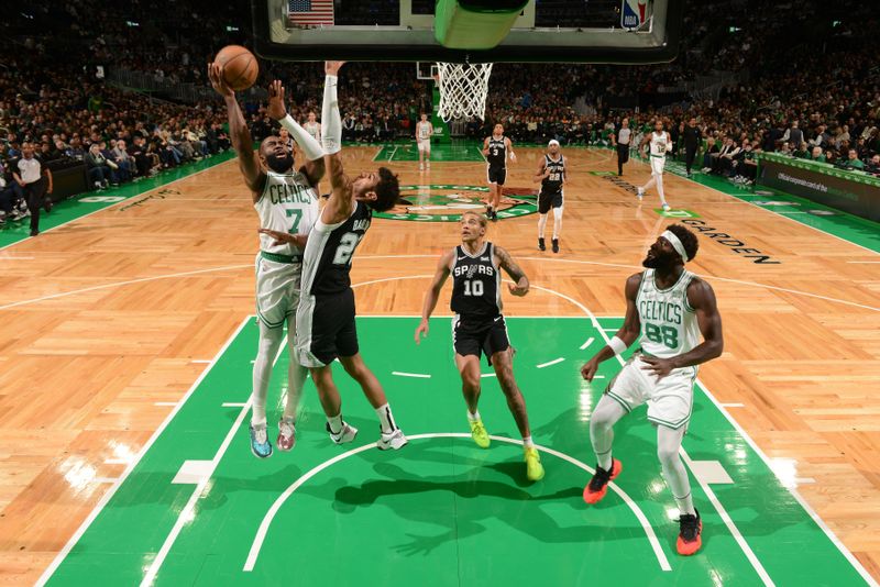 BOSTON, MA - JANUARY 17: Jaylen Brown #7 of the Boston Celtics shoots the ball during the game against the San Antonio Spurs on January 17, 2024 at the TD Garden in Boston, Massachusetts. NOTE TO USER: User expressly acknowledges and agrees that, by downloading and or using this photograph, User is consenting to the terms and conditions of the Getty Images License Agreement. Mandatory Copyright Notice: Copyright 2024 NBAE  (Photo by Brian Babineau/NBAE via Getty Images)