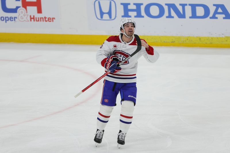 Feb 29, 2024; Sunrise, Florida, USA; Montreal Canadiens center Alex Newhook (15) looks on after scoring against the Florida Panthers during the third period at Amerant Bank Arena. Mandatory Credit: Sam Navarro-USA TODAY Sports