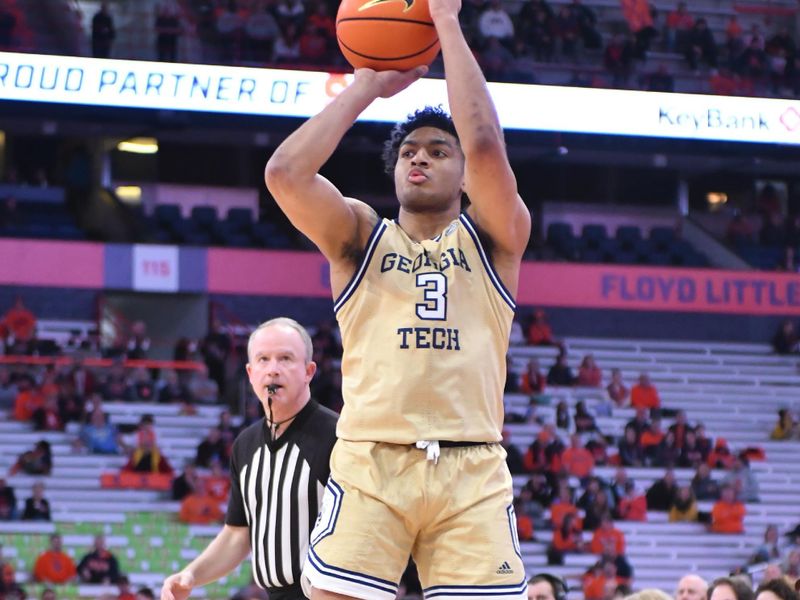 Feb 28, 2023; Syracuse, New York, USA; Georgia Tech Yellow Jackets guard Dallan Coleman (3) takes a jump shot in the first half against the Syracuse Orange at the JMA Wireless Dome. Mandatory Credit: Mark Konezny-USA TODAY Sports