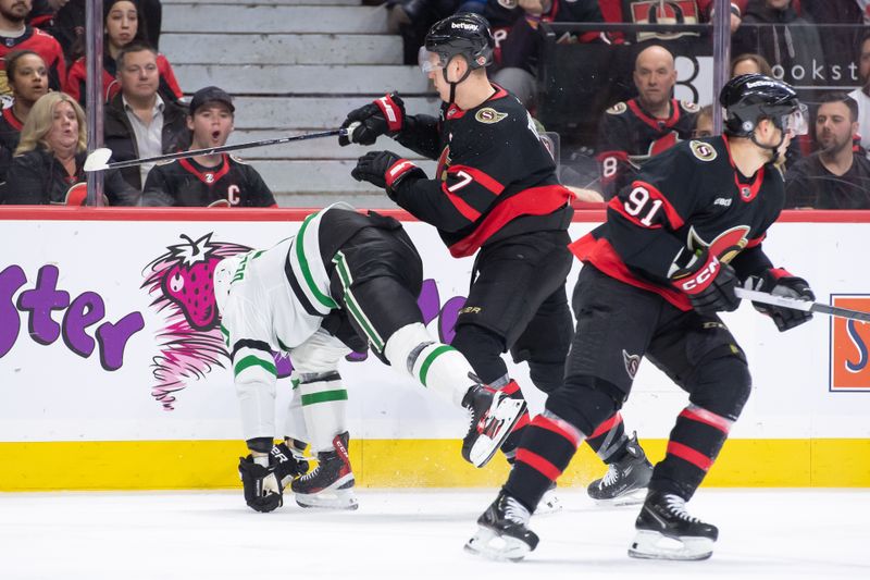 Feb 22, 2024; Ottawa, Ontario, CAN; Dallas Stars center Ty Dellandrea (10) is checked by Ottawa Senators left wing Brady Tkachuk (7) in the first period at the Canadian Tire Centre. Mandatory Credit: Marc DesRosiers-USA TODAY Sports