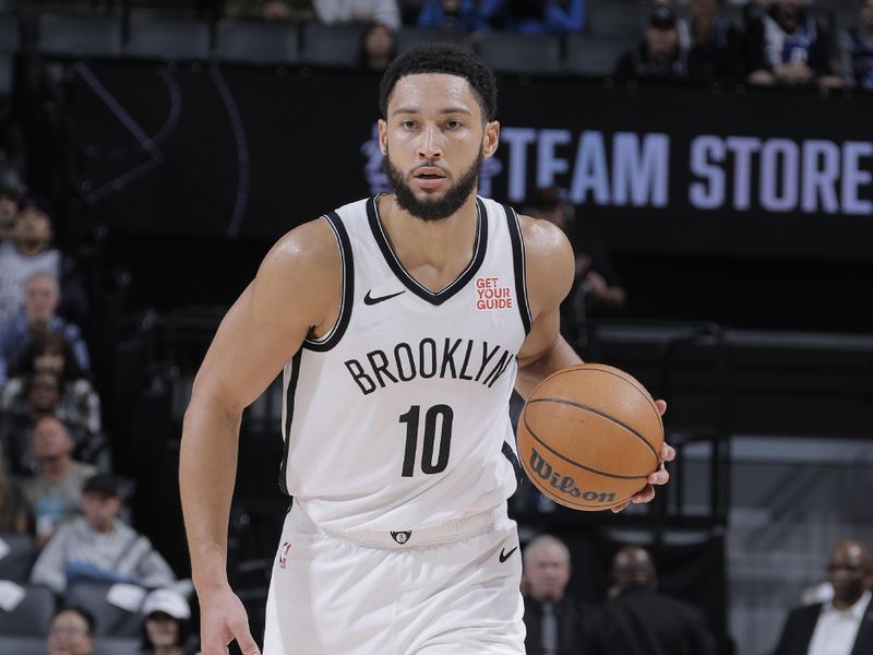 SACRAMENTO, CA - NOVEMBER 24: Ben Simmons #10 of the Brooklyn Nets dribbles the ball during the game against the Sacramento Kings on November 24, 2024 at Golden 1 Center in Sacramento, California. NOTE TO USER: User expressly acknowledges and agrees that, by downloading and or using this Photograph, user is consenting to the terms and conditions of the Getty Images License Agreement. Mandatory Copyright Notice: Copyright 2024 NBAE (Photo by Rocky Widner/NBAE via Getty Images)