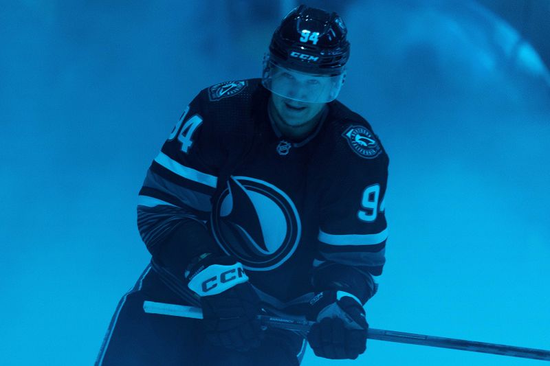 Feb 24, 2024; San Jose, California, USA; San Jose Sharks left wing Alexander Barabanov (94) skates onto the ice before the start of the first period against the Nashville Predators at SAP Center at San Jose. Mandatory Credit: Stan Szeto-USA TODAY Sports