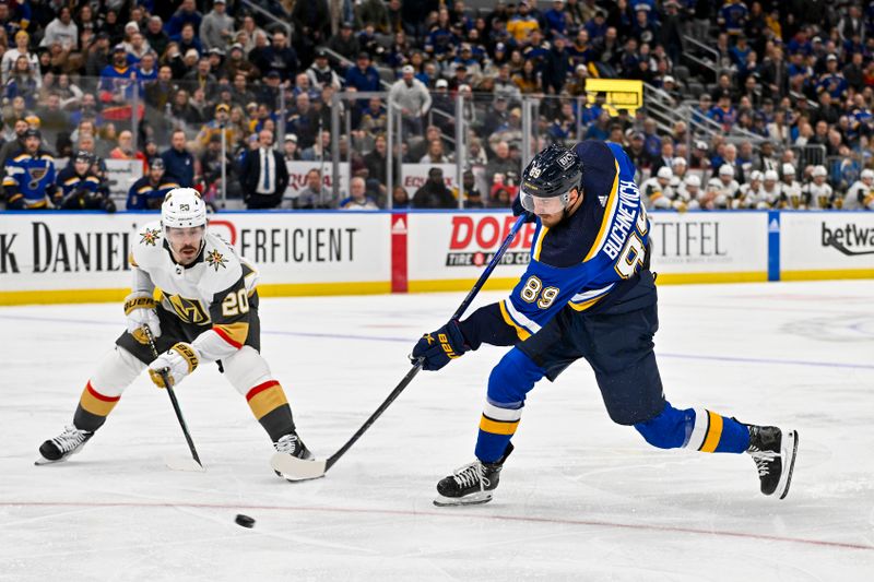 Dec 6, 2023; St. Louis, Missouri, USA;  St. Louis Blues left wing Pavel Buchnevich (89) shoots against the Vegas Golden Knights during the second period at Enterprise Center. Mandatory Credit: Jeff Curry-USA TODAY Sports